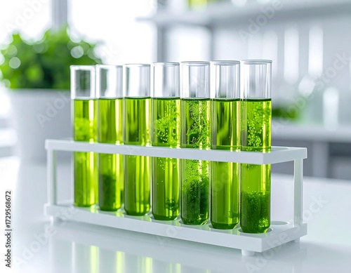 Seven test tubes with green liquid and plant matter in a lab rack on a white table.