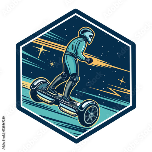 A robot in a futuristic suit riding a hoverboard through space.