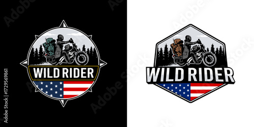 Wild Rider Adventure Emblem vector Illustration. Capturing the spirit of freedom and exploration. A bold design of a rider on a motorcycle set against a backdrop of nature and stars