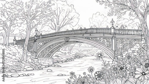 Wallpaper Mural Ornate Arch Bridge Over River, Lush Park Landscape with Wildflowers, Detailed Line Art Coloring Page Torontodigital.ca