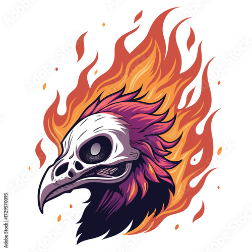 A stylized illustration of a burning bird skull with fiery plumes.
