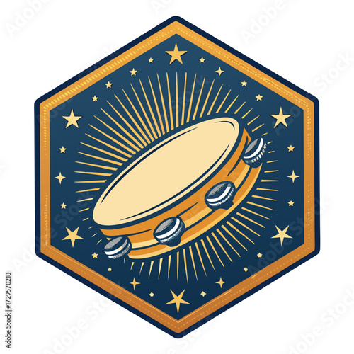 A hexagonal badge with a tambourine and starry background.