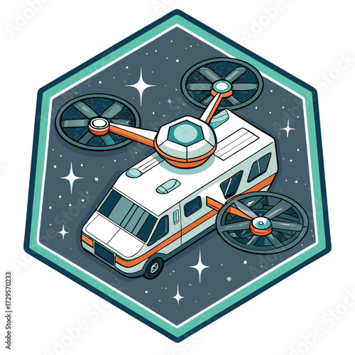 A futuristic van drone in outer space against a starry background.