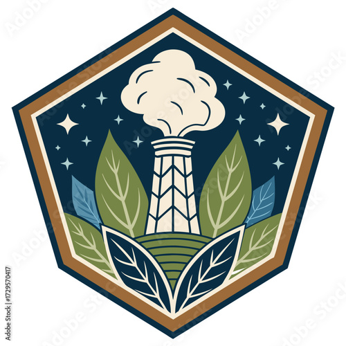 A stylized emblem with a smokestack and surrounding foliage under a starry sky.