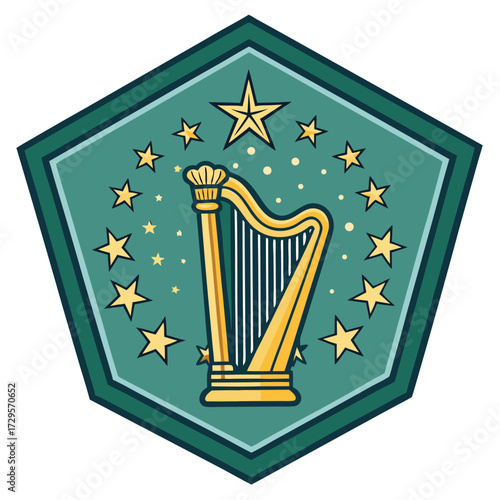 A stylized harp surrounded by stars within a geometric badge.