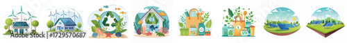 Eco Energy and Recycling Vector Bundle — Solar Homes, Wind Turbines, Sustainable Lifestyle, and Green Living Illustrations