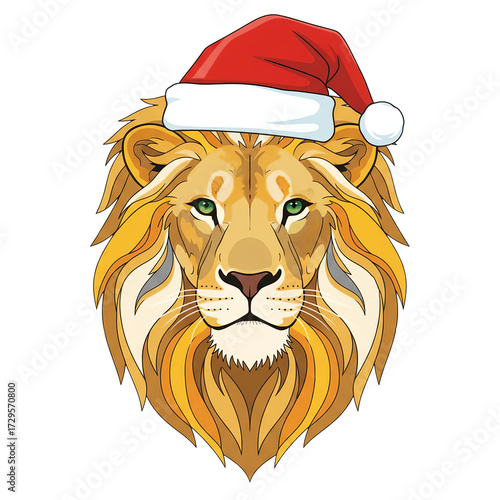 Majestic lion with festive mood wearing a Santa hat against a transparent background
