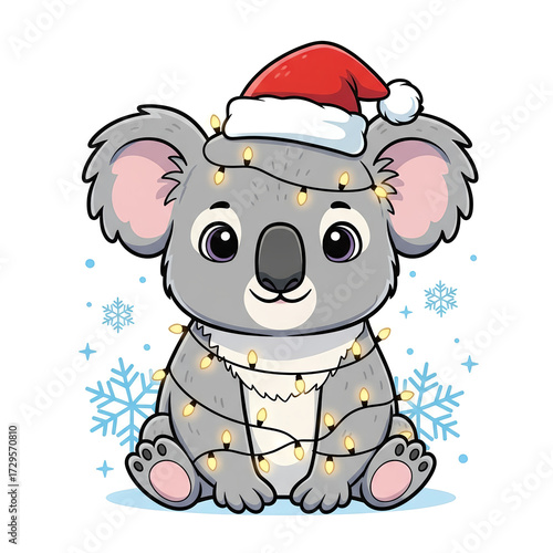 Cute cartoon koala with festive mood wrapped in Christmas lights against a snowy background