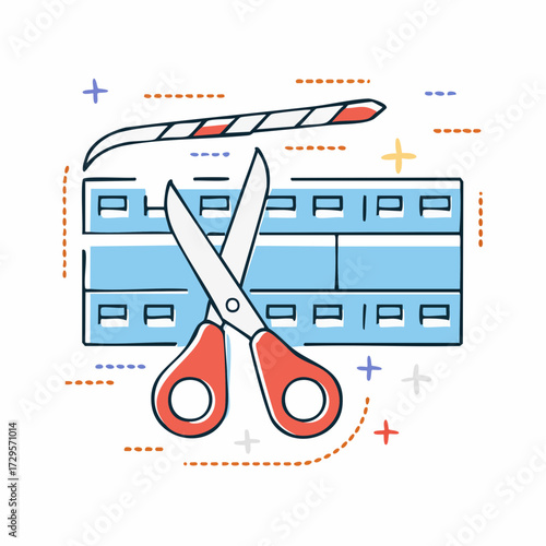 Film editing icon Film making. Vector illustration. Video cutting. Filmstrip with scissors. Contour symbol on white background.