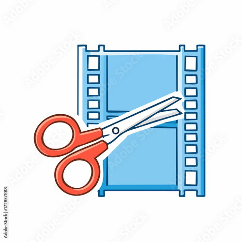 Film editing icon Film making. Vector illustration. Video cutting. Filmstrip with scissors. Contour symbol on white background.