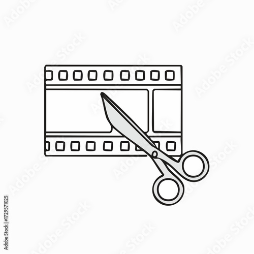Film editing icon Film making. Vector illustration. Video cutting. Filmstrip with scissors. Contour symbol on white background.