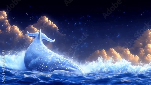 A majestic whale breaches the ocean waves against a backdrop of luminous clouds and twinkling stars.
