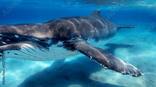Majestic humpback whale gracefully glides through the vibrant, shallow turquoise waters.