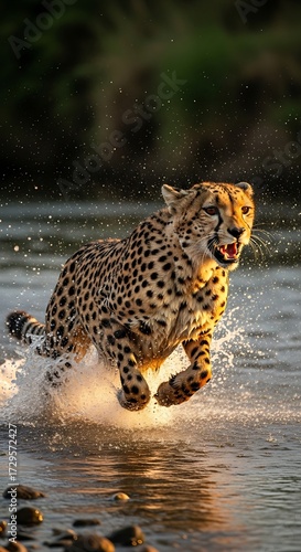 Cheetah's dramatic sprint across shallow waters at golden hour light