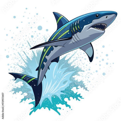 A stylized blue shark leaps out of the water with green stripes.