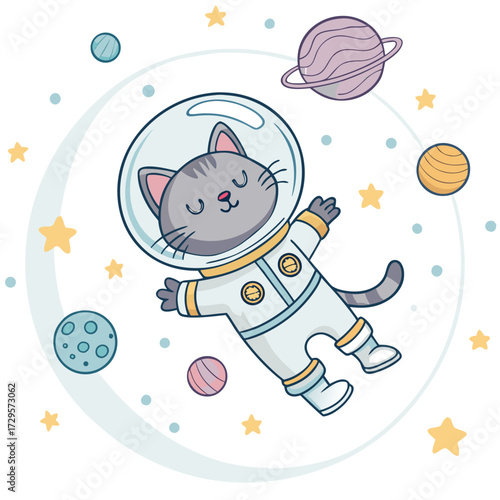 A cute cat astronaut floats peacefully in outer space surrounded by planets and stars.