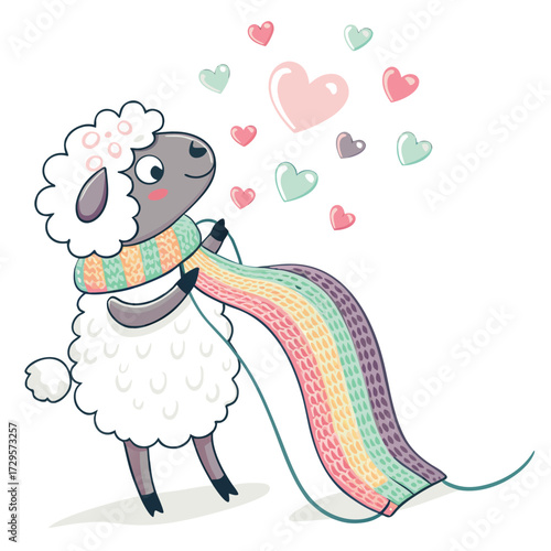 A cute sheep knits a rainbow scarf with hearts floating around.