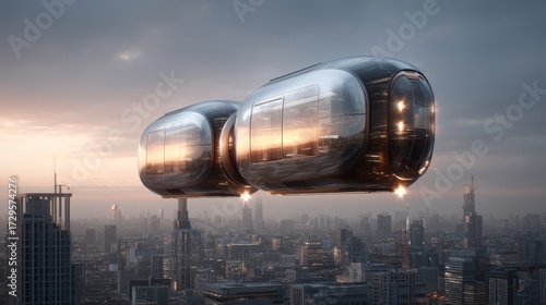 Futuristic Pod Transport Over City - Urban Mobility Concept