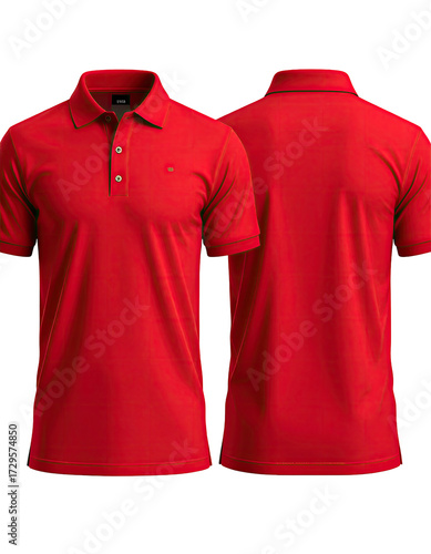 Front and back view of a vibrant red polo shirt.  Short sleeves, collared