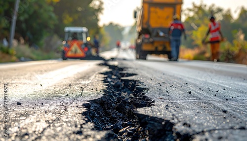 Close-up captures a damaged asphalt road with workers repairing the surface. Machinery is also visible in the background, including a dump truck and a small compactor