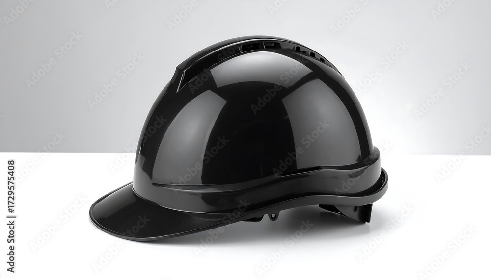 Fototapeta premium Glossy black hard hat on white surface