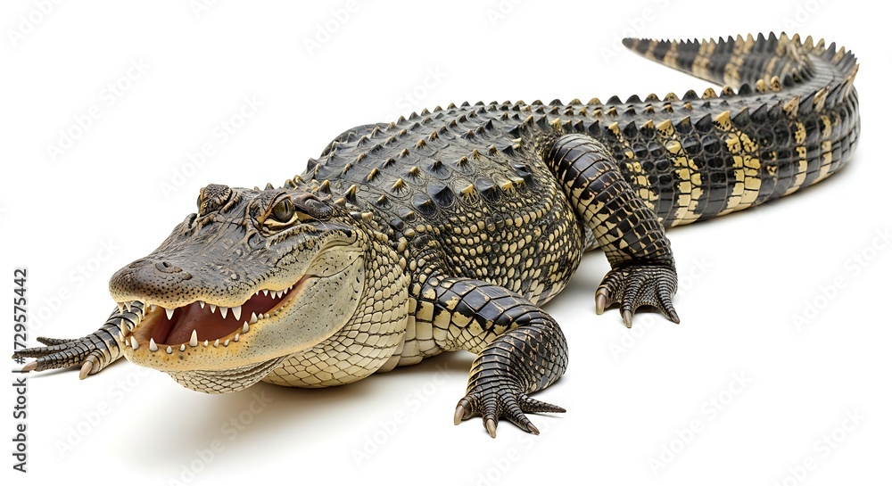 Naklejka premium American Alligator with Open Mouth and Visible Teeth on White Background Showing Scaled Body and Greenish-Brown Coloration