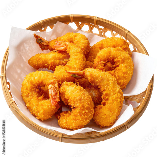 Crispy battered shrimp in a woven basket