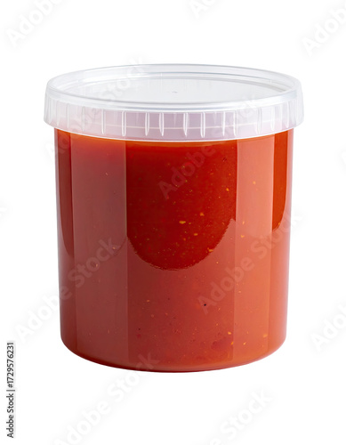 Large plastic container filled with red sauce.  Lid is translucent