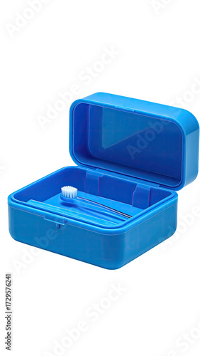Open blue plastic box, containing a single white object
