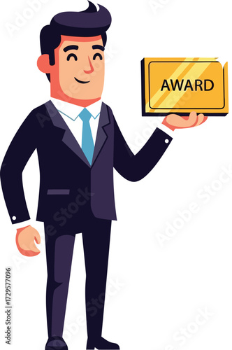 Successful Businessman Holding an Award and Showing Achievement in Career Growth