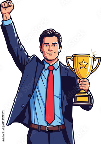 A confident businessman in a suit celebrates victory, holding a golden trophy with one hand and raising a triumphant fist.