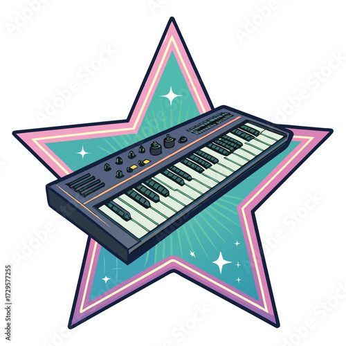 Retro synthesizer keyboard on a vibrant starburst.