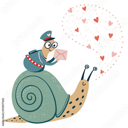 Cute snail delivering a love letter with hearts floating up.