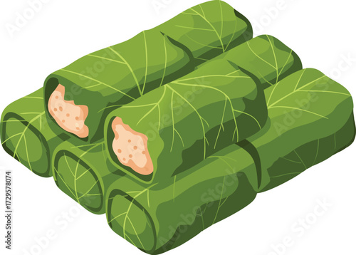 Neatly arranged stuffed grape leaves, known as dolma, filled with savory rice mixture, perfect for Mediterranean and Middle Eastern cuisine presentations