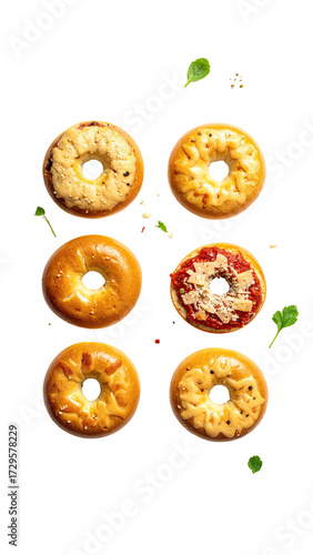 Six assorted gourmet baked donuts, top-down view.  Different fillings and toppings, including cheese, pizza sauce, and herbs, are visible.  