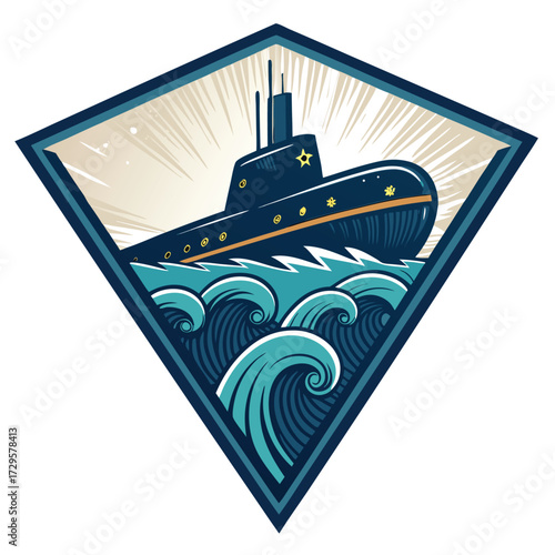 Illustration of a submarine sailing on choppy blue waves.