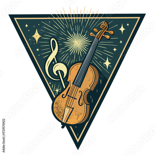 A vintage illustration of a violin with a treble clef and stars.
