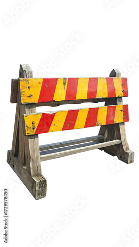 Wooden traffic barricade with red and yellow stripes