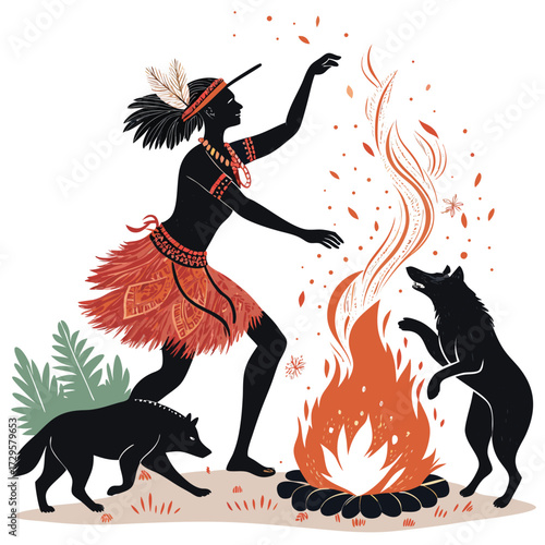 Indigenous person dancing around a campfire with wolves.