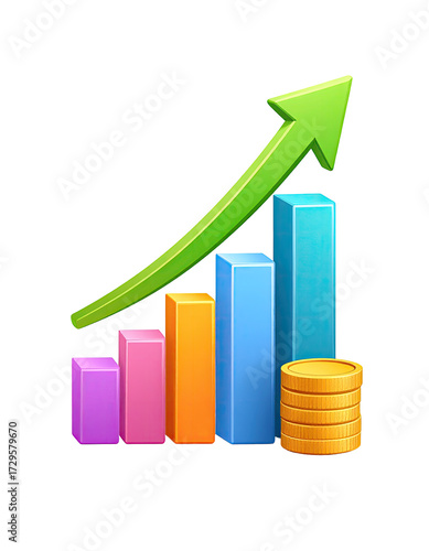 Colorful bar graph with upward trending arrow and coins