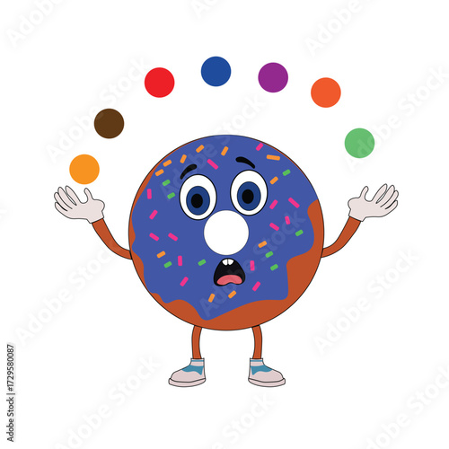 Doughnut clipart character with colorful sprinkles juggling candy balls