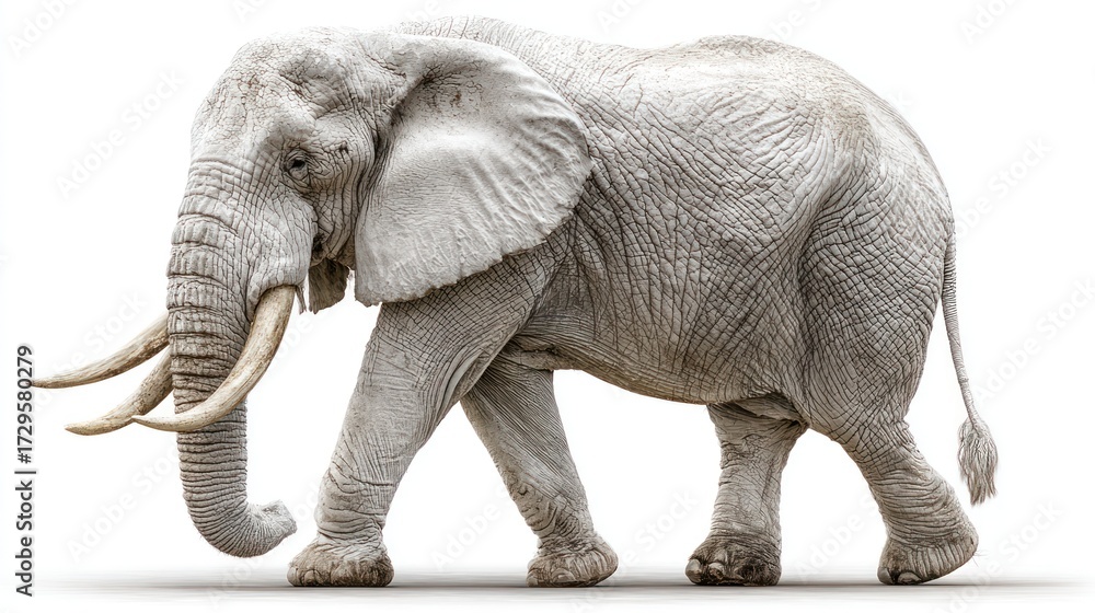 Fototapeta premium Realistic image of a majestic elephant with large tusks walking, isolated on white background