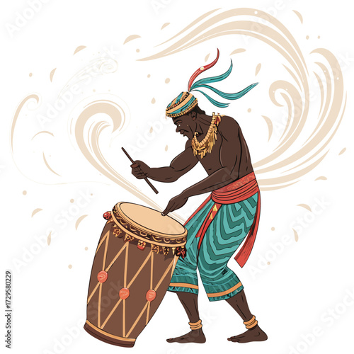 A man in traditional attire plays a large drum with a stick and hand.