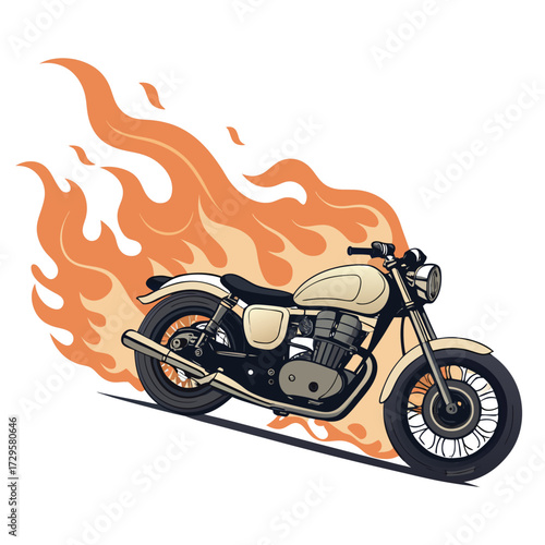 A classic motorcycle engulfed in stylized orange and yellow flames on a white background.