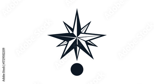Monochrome geometric compass star symbol with a dot below.
