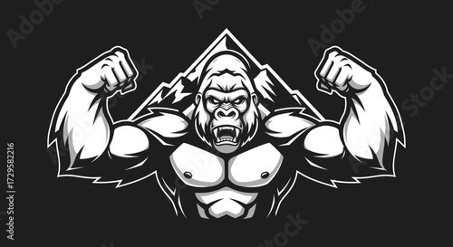 Powerful Gorilla Mascot with Biceps and Mountain Background.