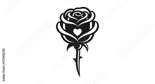 Detailed black and white rose tattoo design with a heart in the center.