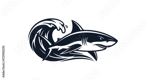Stylized black and white shark swimming with a powerful ocean wave.