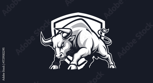 Aggressive Bull Charging Forward in Front of Shield Emblem Illustration.