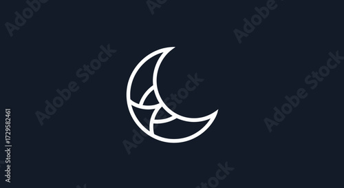 Stylized crescent moon logo with geometric line art.